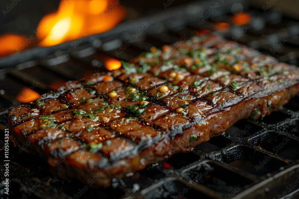 Grilled Marinated Steak on Barbecue Grill with Flames for Summer Cooking Grilled Marinated Steak on Barbecue Grill with Flames for Summer Cooking