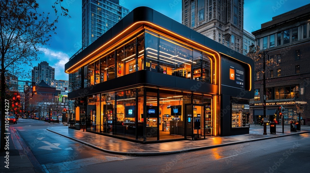 Obraz premium Showcasing modern technology tech storefront with sleek glass panels in urban environment for enhanced shopping experience