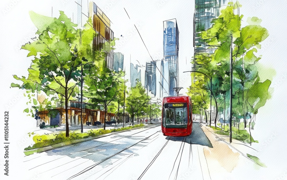 Obraz premium A detailed green watercolor sketch of a modern city street with trees and buildings, set against a white background.