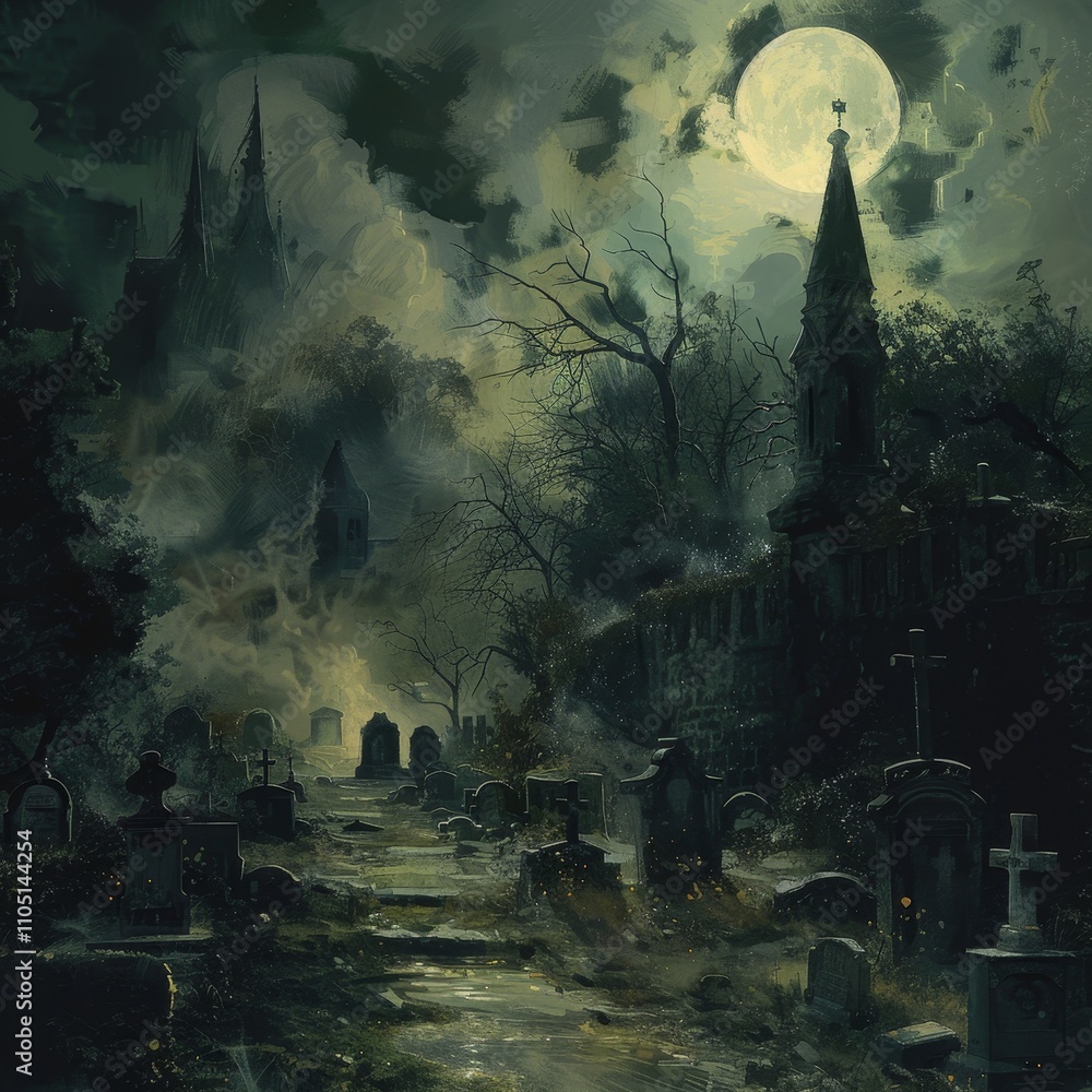Obraz premium Eerie Night Scene in a Haunted Graveyard with Fog and Moonlight