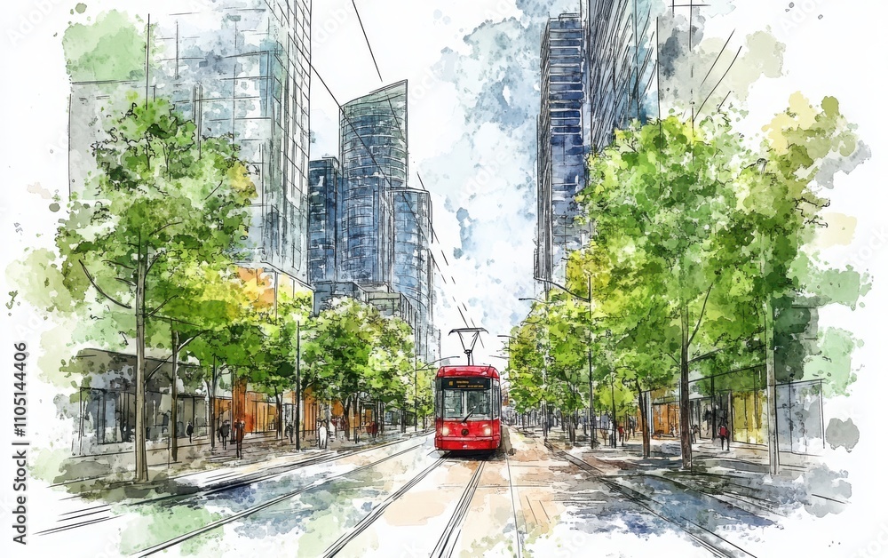 Naklejka premium A detailed green watercolor sketch of a modern city street with trees and buildings, set against a white background.