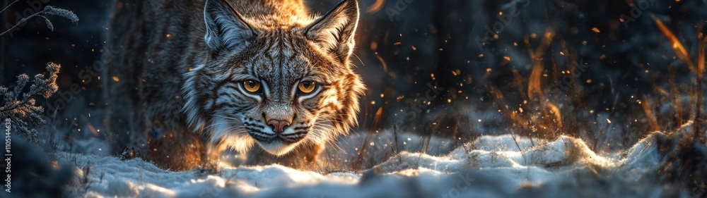 A majestic lynx prowls through a snow-covered forest, illuminated by soft flames in the background, creating an ethereal atmosphere. A majestic lynx prowls through a snow-covered forest, illuminated by soft flames in the background, creating an ethereal atmosphere.