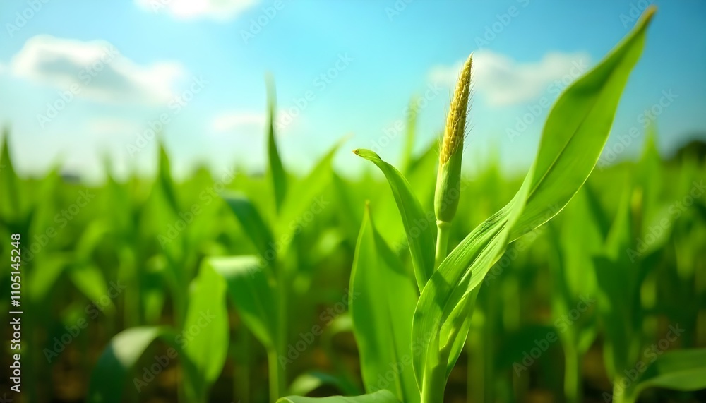 Fototapeta premium Sweet corn seedlings in a field on a windy day, with leaves swaying and a clear blue sky