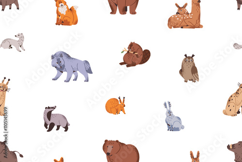 Repeatable pattern of cute forest animals. Endless background with friendly fox, wolf, bear, happy deer, owl, hare. Different funny wild beasts, woodland fauna. Flat seamless vector illustration