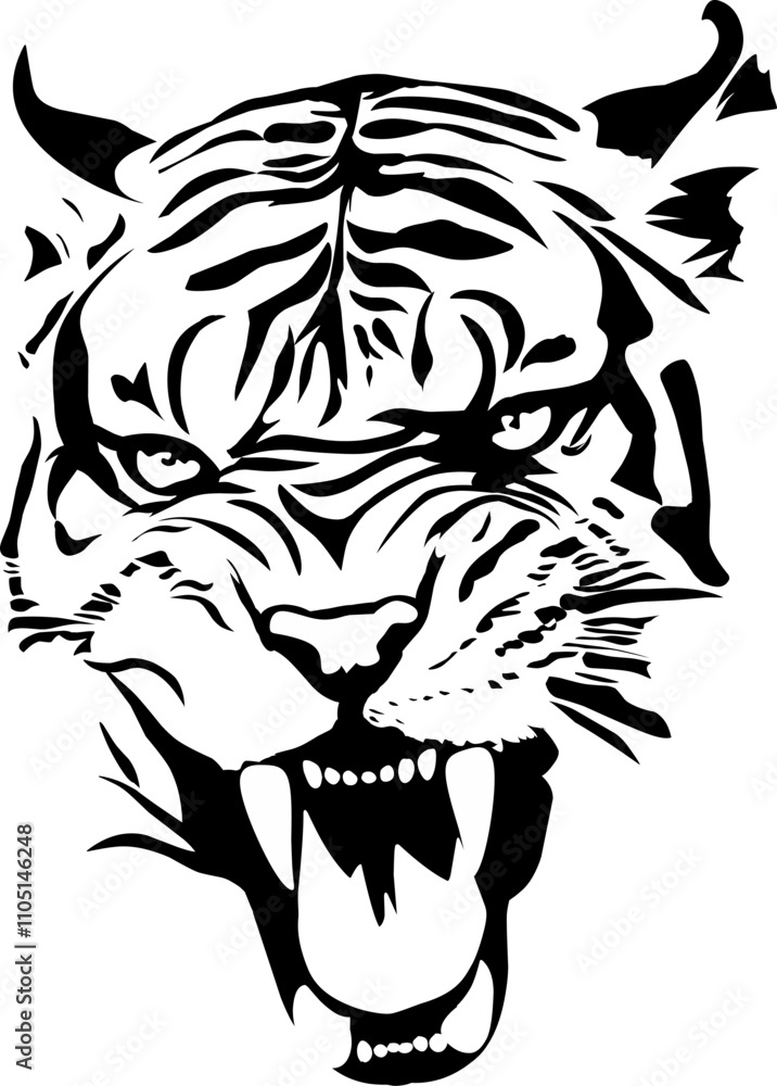 Black and White Tiger Head Illustration in Minimalist Line Art Style Black and White Tiger Head Illustration in Minimalist Line Art Style