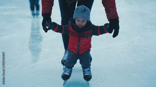 Child learning to ice skate while holding parent's hands, wearing red vest and blue knit hat
