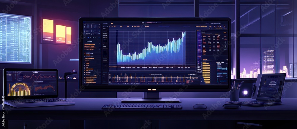 A dark office with a large monitor displaying a stock market graph, a laptop with a similar graph, and a smartphone on the desk. A dark office with a large monitor displaying a stock market graph, a laptop with a similar graph, and a smartphone on the desk.