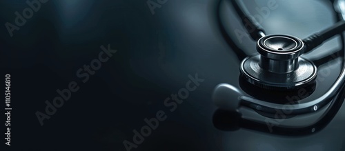 Blurred black background with copy space and closed stethoscope for medical concept, abstract banner template.