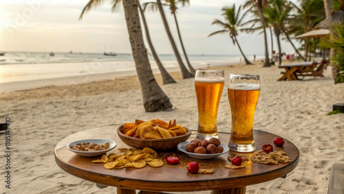 Two glasses of beer on wooden table with snacks, beach bar, vacation.