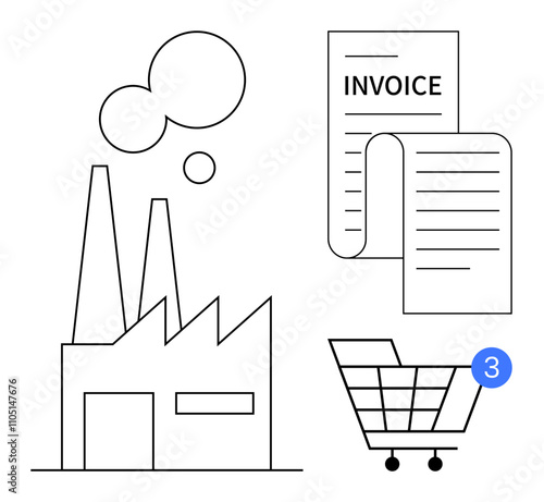 Industrial factory with smokestacks, invoice document, and shopping cart with notification icon. Ideal for business, commerce, manufacturing, finance, retail logistics e-commerce. Line metaphor