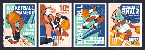 Basketball event poster designs set. Advertising of basket ball play. Promotion templates of sports game, competition, tournament, championship. Sportsmen struggle at match. Flat vector illustrations