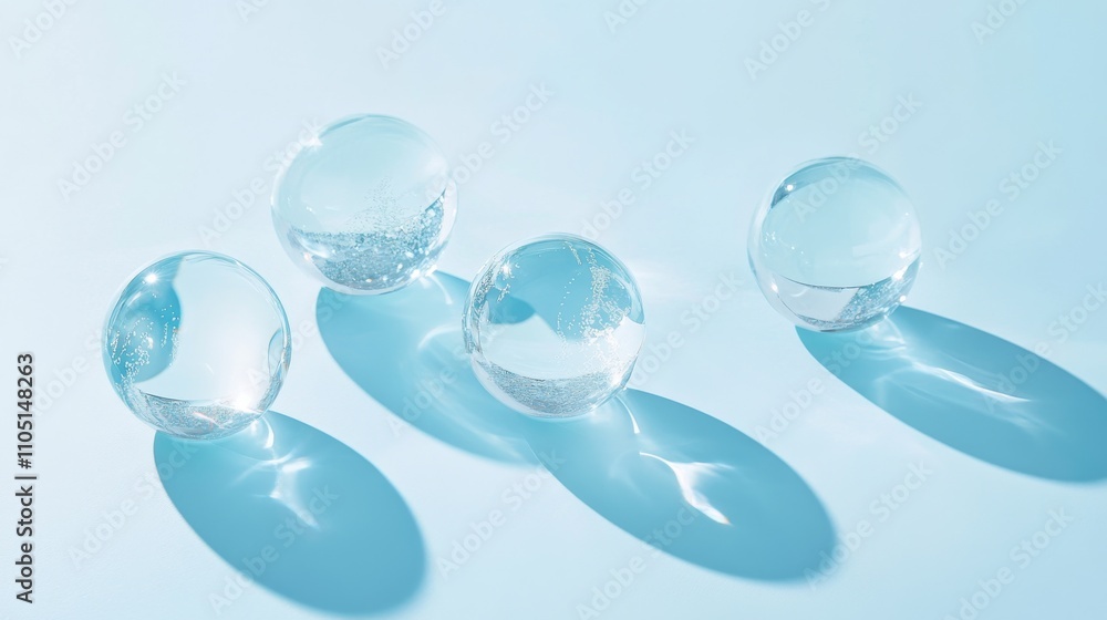 46.Elegant composition of a blue background featuring several transparent glass spheres, softly illuminated by natural sunlight. The smooth, reflective surface of the spheres adds dimension, with 46.Elegant composition of a blue background featuring several transparent glass spheres, softly illuminated by natural sunlight. The smooth, reflective surface of the spheres adds dimension, with