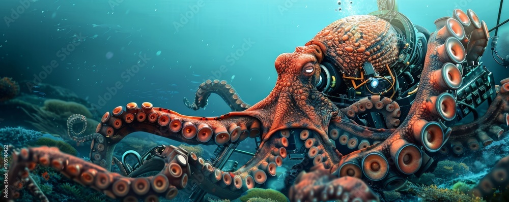 Obraz premium Colorful Octopus Exploring Sunken Submarine in Vibrant Ocean Scene