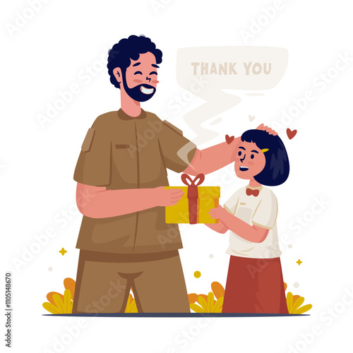 Cartoon character of a girl student giving surprise gift to her male teacher vector illustration