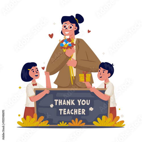 Student character gives bouquet flowers and blackboard with thank you message for teacher vector illustration