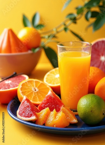 Citrus Fruit with Fresh Juice on Yellow Background.