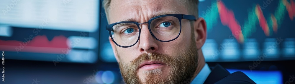 A serious man in glasses looks intently at financial data displayed on screens, conveying focus and determination in a trading environment. A serious man in glasses looks intently at financial data displayed on screens, conveying focus and determination in a trading environment.
