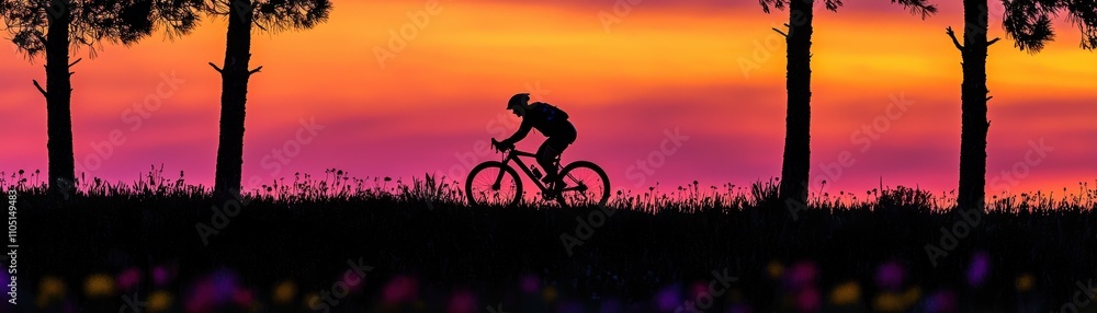 A silhouetted cyclist rides against a vibrant sunset backdrop, surrounded by trees, creating a serene and visually stunning outdoor scene. A silhouetted cyclist rides against a vibrant sunset backdrop, surrounded by trees, creating a serene and visually stunning outdoor scene.