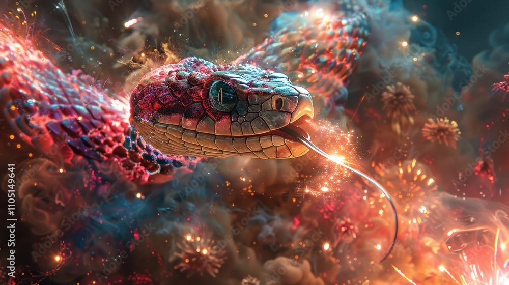 Fiery serpent amidst exploding fireworks and smoke. Fiery serpent amidst exploding fireworks and smoke.