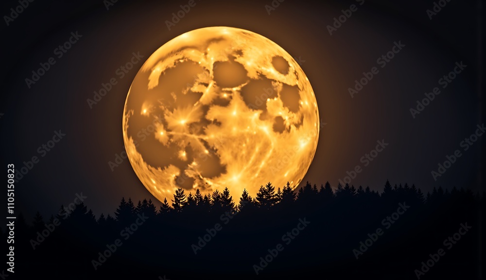 Majestic full moon glowing brightly over a dark forest landscape at night Majestic full moon glowing brightly over a dark forest landscape at night
