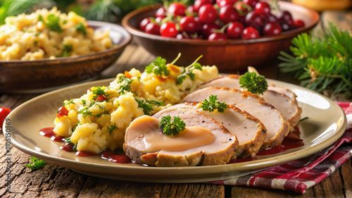 Holiday ham dinner with festive sides and cranberries