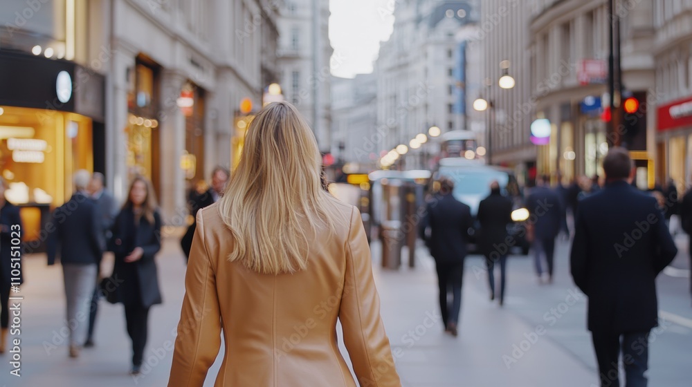 A fashionable woman walks through a busy city street, surrounded by pedestrians and shops, showcasing urban life and style. A fashionable woman walks through a busy city street, surrounded by pedestrians and shops, showcasing urban life and style.