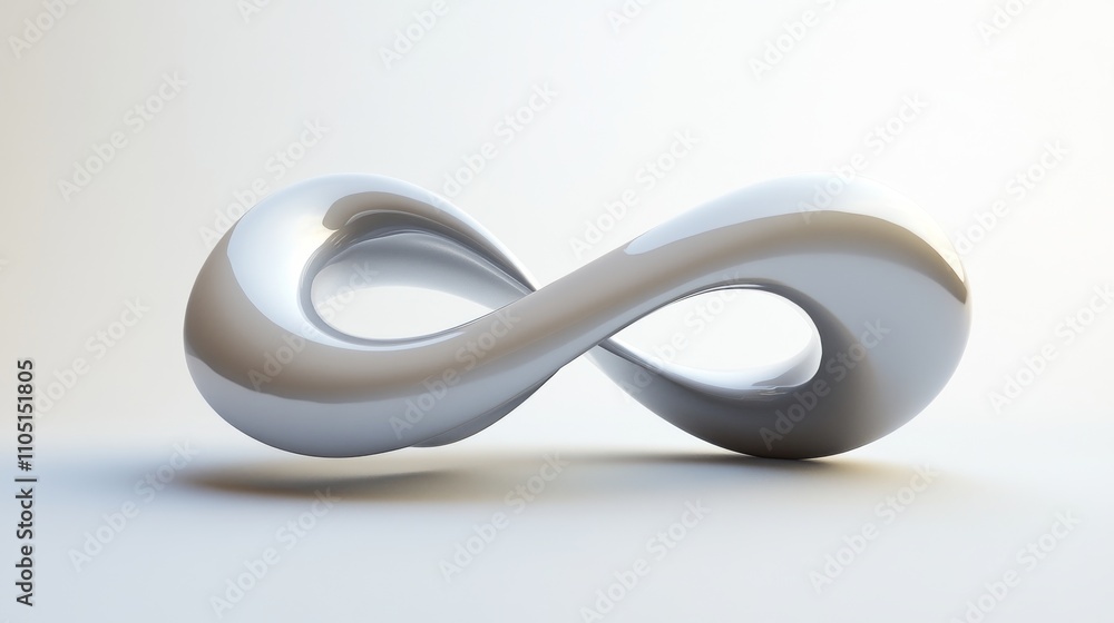 56.A 3D rendering of a MÃ¶bius strip with smooth, continuous curves and twisting surfaces, positioned in a balanced, front-facing view. The geometric figure appears to hover over a minimal white