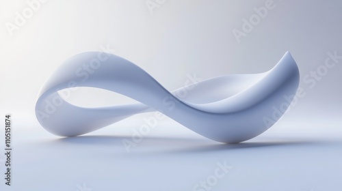 60.Digital 3D rendering of a MÃ¶bius strip with smooth, upturned surfaces, floating in front of a plain white background. The abstract geometry is highlighted by soft shadows, creating a sleek,
