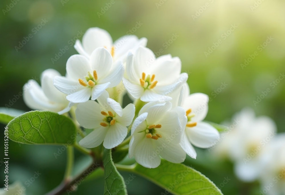 Delicate White Blossoms on Green Branch. Delicate White Blossoms on Green Branch.