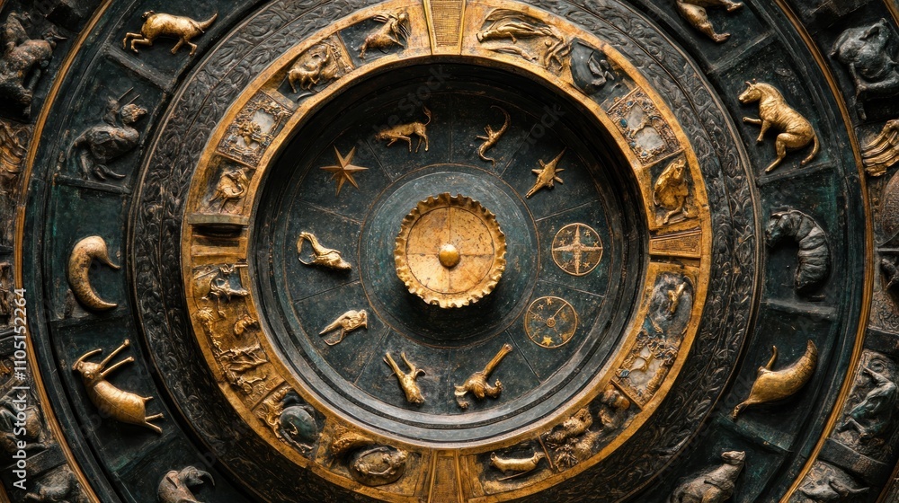 Fototapeta premium Ornate zodiac wheel featuring astrological symbols and designs.