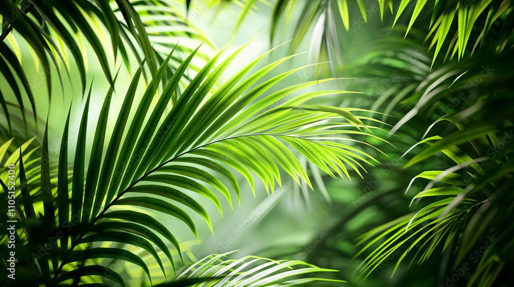 Fototapeta premium Green Palm Tree Leaves Against a Bright Background