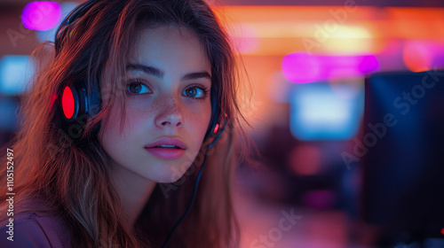 Young woman wearing headphones in vibrant gaming environment at night