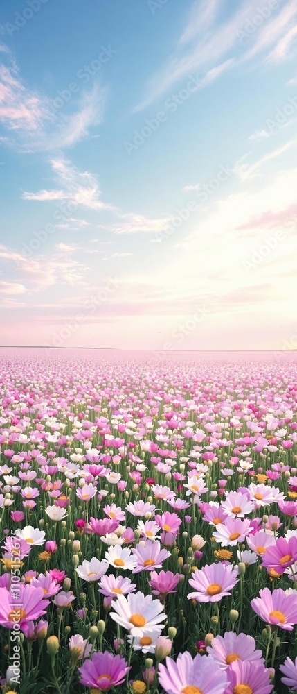 A panoramic view of a vast field of cosmos flowers in full bloom, scenery, cosmos A panoramic view of a vast field of cosmos flowers in full bloom, scenery, cosmos