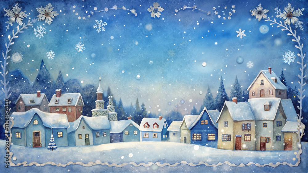 Fototapeta premium Snowy village under a starlit night sky