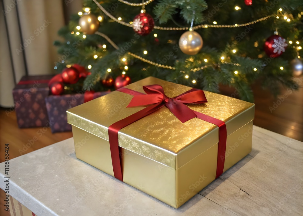 Obraz premium Golden Gift Box Under Christmas Tree: A beautifully wrapped gold gift box with a red ribbon sits under a Christmas tree, symbolizing the joy and anticipation of the holiday season.