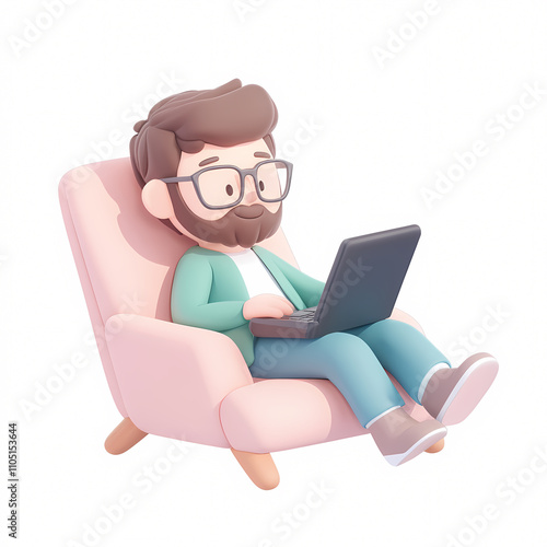 A digital illustration of a man working on his laptop in a cozy living room showcasing modern remote work culture. On white background