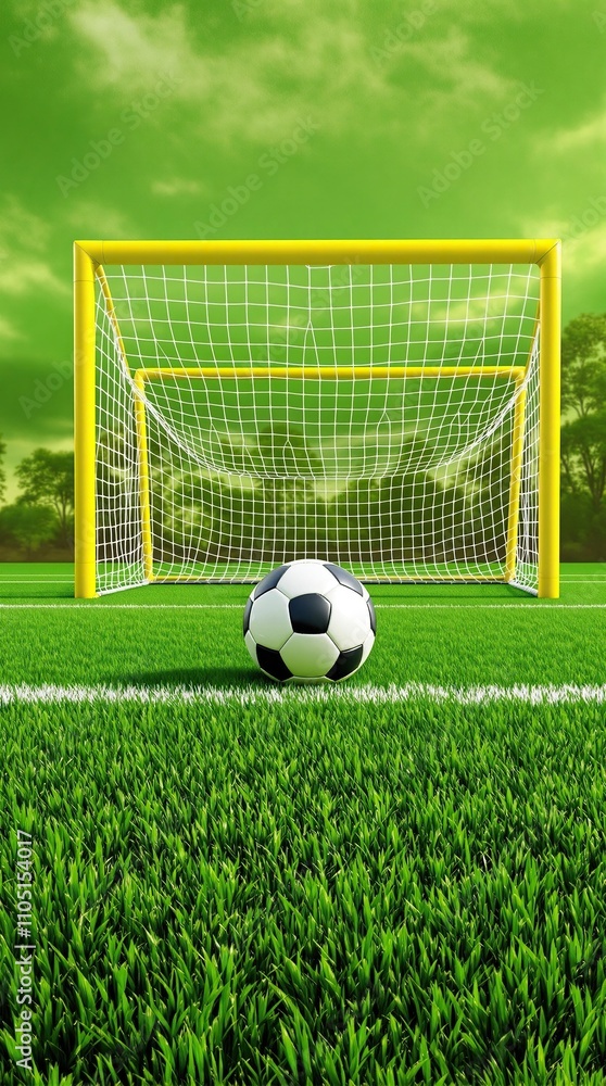Fototapeta premium A soccer ball resting against a yellow soccer goal with a lush green grass field stretching out to the sides , athletic, goalpost, sporty, green, soccer