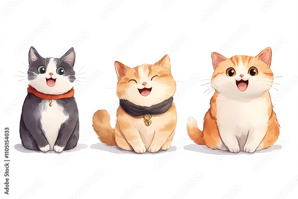 Three adorable cartoon cats exhibit joyful expressions showcasing their playful friendship in a charming setting. On white background Three adorable cartoon cats exhibit joyful expressions showcasing their playful friendship in a charming setting. On white background