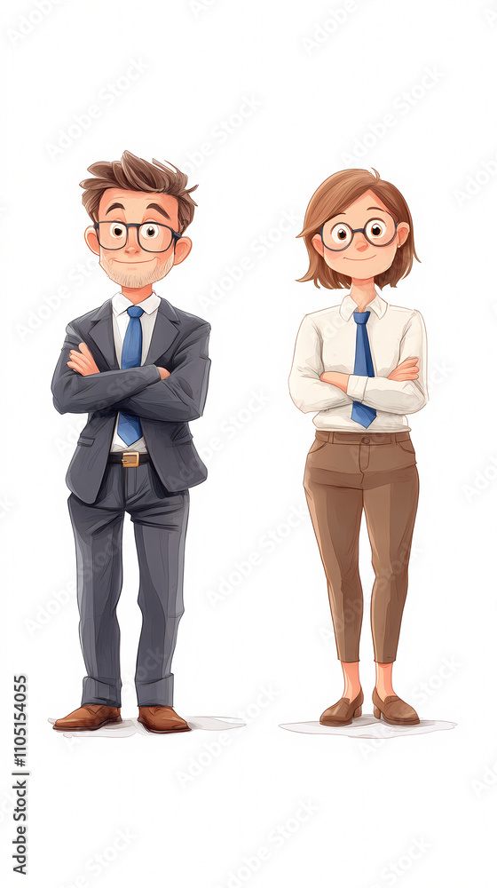 An animated illustration of a business team in smart attire showcasing collaboration in a professional office setting. On white background An animated illustration of a business team in smart attire showcasing collaboration in a professional office setting. On white background