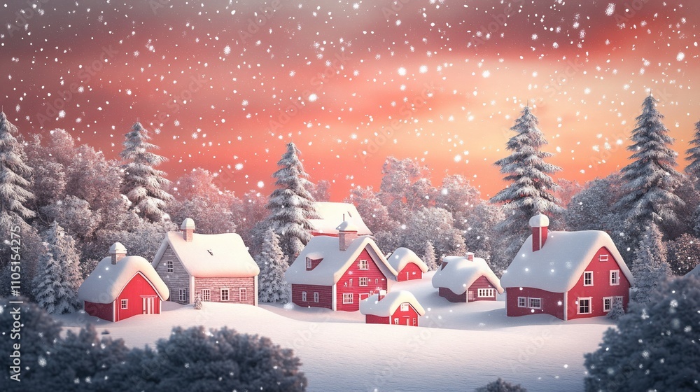 Fototapeta premium A picturesque winter village scene, covered in snow, with small, charming houses and snow-covered evergreen trees under a soft, rosy sunset and falling snow.