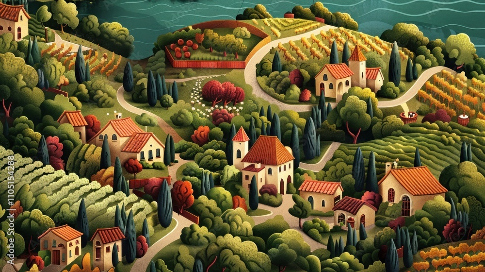 Obraz premium Idyllic countryside village nestled amongst vineyards and olive groves near a calm sea.