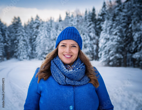 Portrait of happy confident woman outdoors during cold winter day in forest