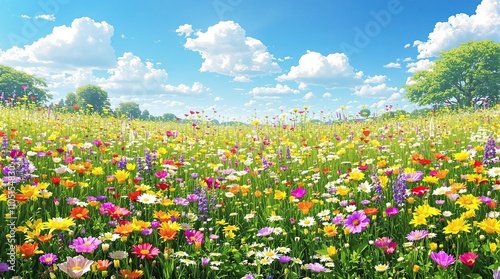 A vibrant field of wild flowers in full bloom on a sunny day, spring, colorful