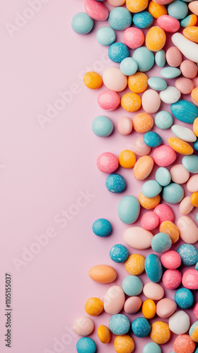 Food sweet snack junk diet concept. Colorful candy on a pastel background