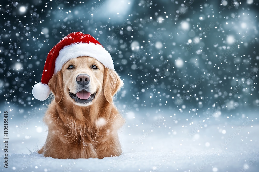 Golden Retriever mit roter Weihnachtsmütze sitzt im Schnee, Winterszenario mit Hund und einer Weihnachtsmannmütze, Grusskarte zu Weihnachten für Hundeliebhaber Golden Retriever mit roter Weihnachtsmütze sitzt im Schnee, Winterszenario mit Hund und einer Weihnachtsmannmütze, Grusskarte zu Weihnachten für Hundeliebhaber