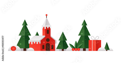 Christmas winter landscape with church and forest. Geometric holiday scenery with snow, pines, red gift box and mistletoe, vector flat illustration for Christmas design isolated on white background
