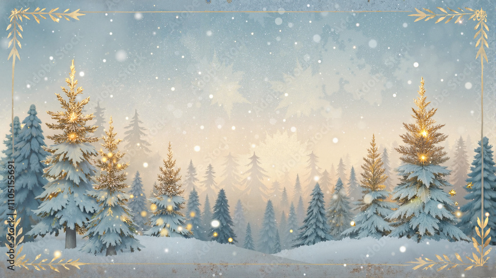 Obraz premium Winter forest with snowy pine trees and golden stars