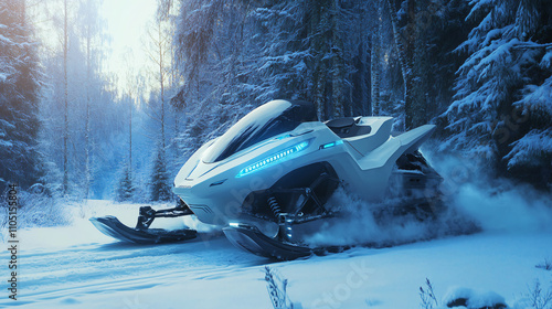 A futuristic snowmobile with a built-in GPS system navigating through a snowy forest, with advanced sensors detecting obstacles in real-time.