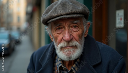 an elderly, well-dressed vagabond with a sad expression, highlighting the struggles of older homeless individuals