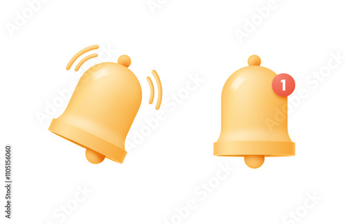 Yellow notification icon isolated on white background. Collection of golden bells for event notifications. Vector 3d illustration.
